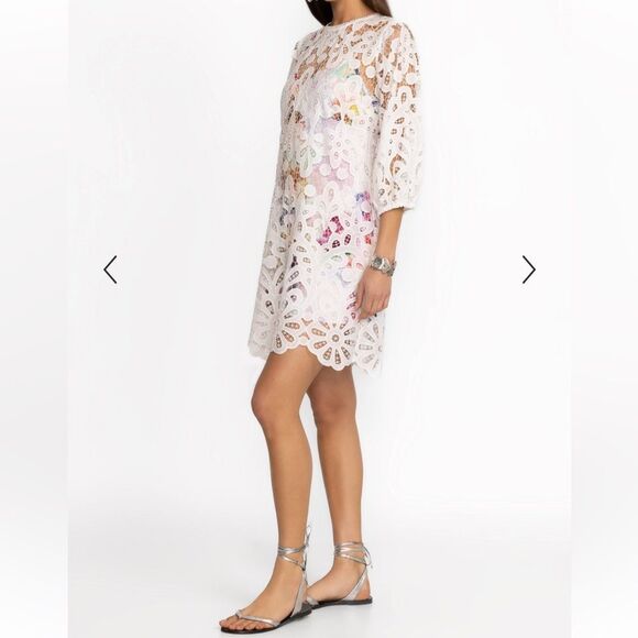 NWT Johnny Was Lisette Lace White Lace Mini Dress with Multicolor Lining size XS - Picture 3 of 12